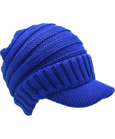 Trendy Warm Oversized Chunky Soft Oversized Ribbed Slouchy Knit Hat with Visor Brim Royal Blue $11.75 Skullies & Beanies