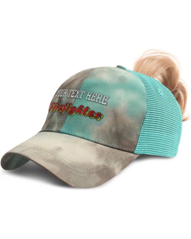 Custom Womens Ponytail Cap Firefighter Fire Cotton Department Distressed Trucker Hat Tie Dye Aqua Personalized Text Here $16....