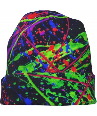 Cow Print Hat Beanie Cap Warm Knit Winter Skull Stretch Hats for Men Woman Rainbow of Neon Paint Splatters $10.24 Skullies & ...