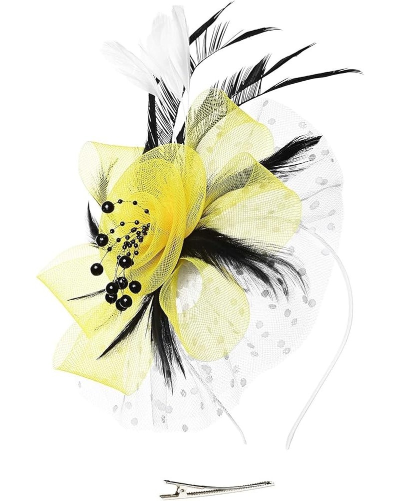 Women's Fascinators Tea Party Wedding Headwear Mesh Flower Feather Headband and Clip Yellow $7.98 Headbands