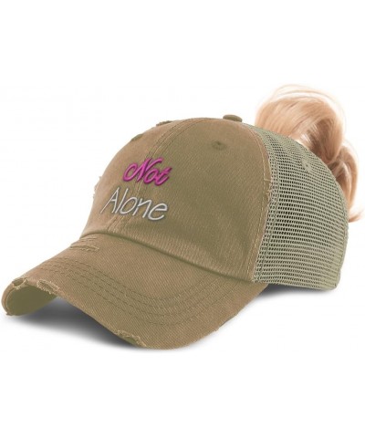 Womens Ponytail Cap Not Alone Cotton Distressed Trucker Hats Khaki $16.19 Baseball Caps