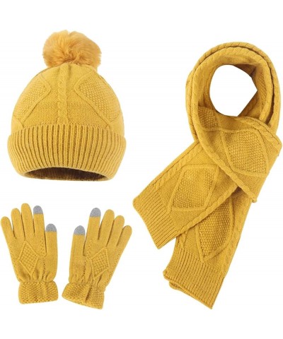 Winter Wool Ball Knitted Hat Scarf Gloves Fashion Warm Three Piece Set Scarf Gloves Hat Women Yellow $18.18 Scarves