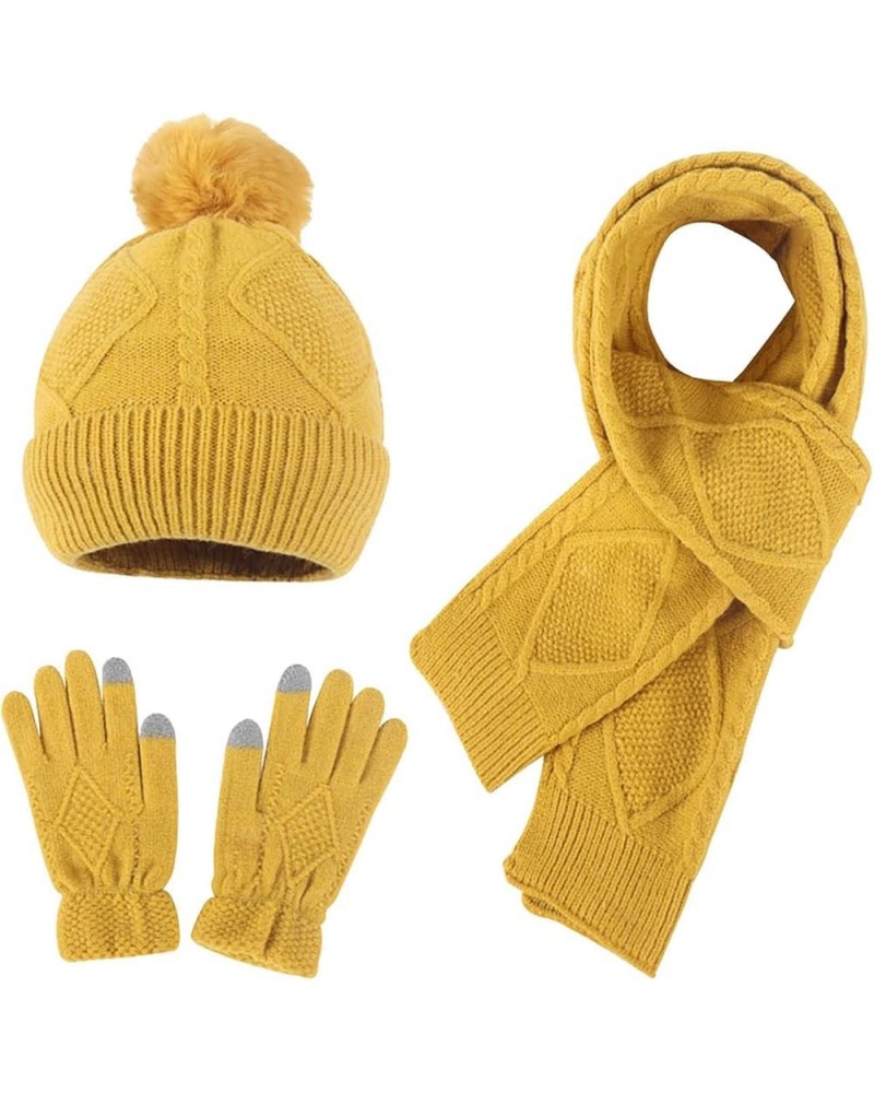 Winter Wool Ball Knitted Hat Scarf Gloves Fashion Warm Three Piece Set Scarf Gloves Hat Women Yellow $18.18 Scarves