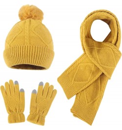 Winter Wool Ball Knitted Hat Scarf Gloves Fashion Warm Three Piece Set Scarf Gloves Hat Women Yellow $18.18 Scarves