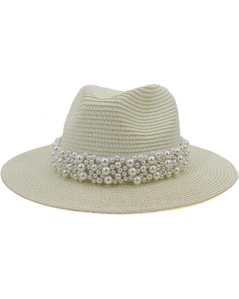 Outdoor Women Beach Sun Hat with Pearls Band Folding Visor Straw Hat Caps Summer Wide Brim Fedora Travel Hat Milky White $15....