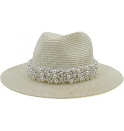 Outdoor Women Beach Sun Hat with Pearls Band Folding Visor Straw Hat Caps Summer Wide Brim Fedora Travel Hat Milky White $15....