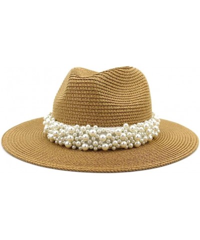 Outdoor Women Beach Sun Hat with Pearls Band Folding Visor Straw Hat Caps Summer Wide Brim Fedora Travel Hat Milky White $15....