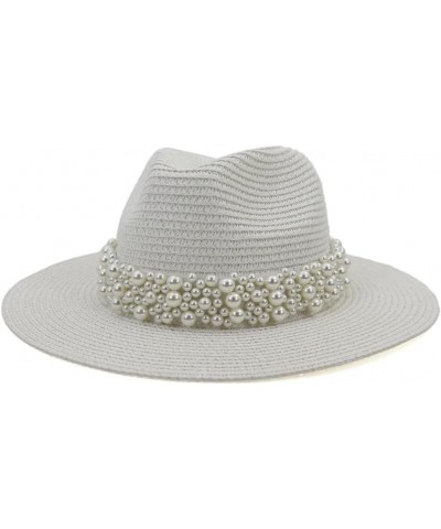 Outdoor Women Beach Sun Hat with Pearls Band Folding Visor Straw Hat Caps Summer Wide Brim Fedora Travel Hat Milky White $15....