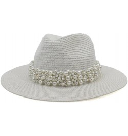 Outdoor Women Beach Sun Hat with Pearls Band Folding Visor Straw Hat Caps Summer Wide Brim Fedora Travel Hat Milky White $15....