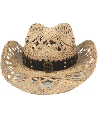 Classic Hollow Western Cowboy Hat Handwork Straw Summer Beach Lifeguard Cowgirl Hat with Leather Band Trim Unisex 16 $23.02 C...