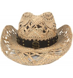 Classic Hollow Western Cowboy Hat Handwork Straw Summer Beach Lifeguard Cowgirl Hat with Leather Band Trim Unisex 16 $23.02 C...