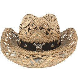 Classic Hollow Western Cowboy Hat Handwork Straw Summer Beach Lifeguard Cowgirl Hat with Leather Band Trim Unisex 16 $23.02 C...