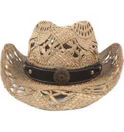 Classic Hollow Western Cowboy Hat Handwork Straw Summer Beach Lifeguard Cowgirl Hat with Leather Band Trim Unisex 16 $23.02 C...