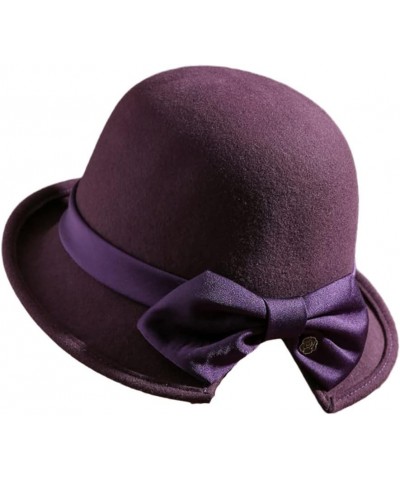 Dome Top Wool Felt Fedora Hats Women Winter Warm Church Cloche Derby Hat with Bowknot Ribbon Purple $29.40 Fedoras