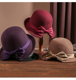 Dome Top Wool Felt Fedora Hats Women Winter Warm Church Cloche Derby Hat with Bowknot Ribbon Purple $29.40 Fedoras