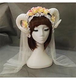 Qhome Lolita Fancy Dress Sheep Horns Headband With Rose Flowers Lace Halloween Headwear Costume Accessory White Rose+100veil ...