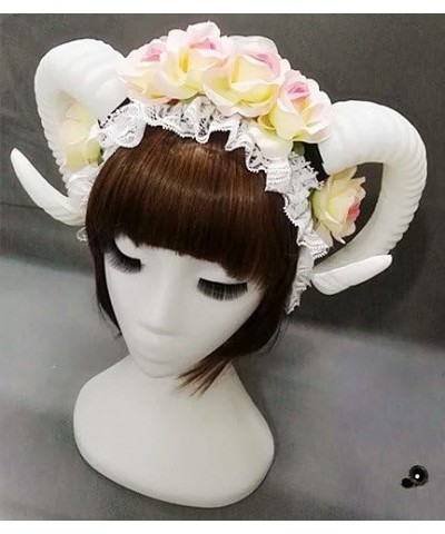 Qhome Lolita Fancy Dress Sheep Horns Headband With Rose Flowers Lace Halloween Headwear Costume Accessory White Rose+100veil ...