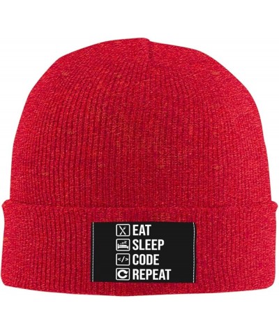 Funny Computer Programmer Saying Eat Sleep Code Beanie Hat Men Winter Knit Hat Women Skull Cap Hedging Hat Black Red $9.96 Sk...