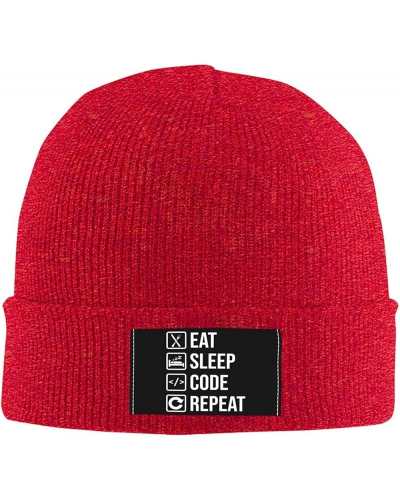 Funny Computer Programmer Saying Eat Sleep Code Beanie Hat Men Winter Knit Hat Women Skull Cap Hedging Hat Black Red $9.96 Sk...