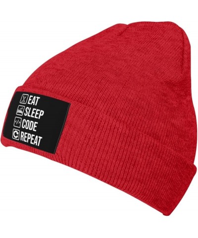 Funny Computer Programmer Saying Eat Sleep Code Beanie Hat Men Winter Knit Hat Women Skull Cap Hedging Hat Black Red $9.96 Sk...