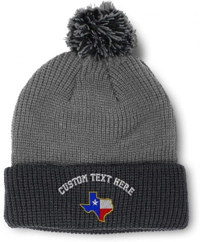 Custom Pom Pom Beanies for Women Texas State Flag Map A Embroidery Skull Cap Winter Hats for Men 1 Size Grey Black Personaliz...