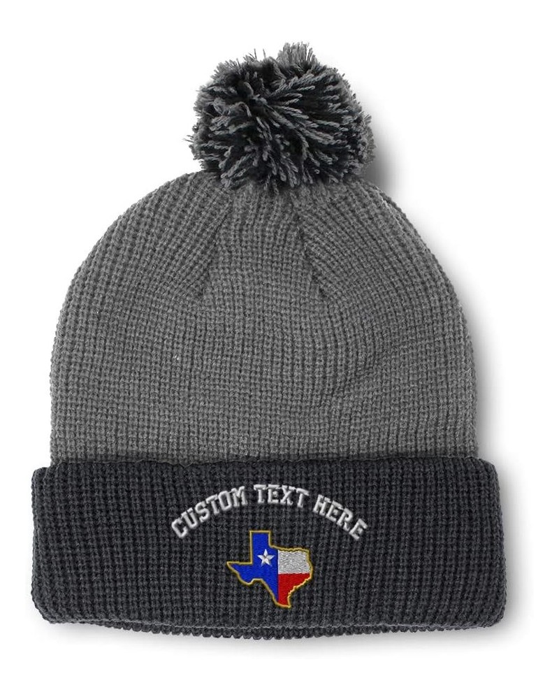 Custom Pom Pom Beanies for Women Texas State Flag Map A Embroidery Skull Cap Winter Hats for Men 1 Size Grey Black Personaliz...