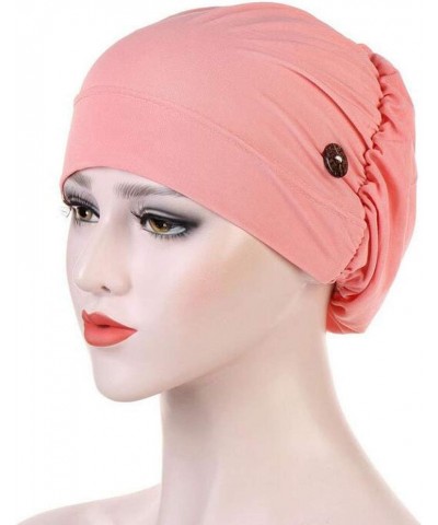 Lady Women Solid Color Turban Hat with Buttons Cancer Chemo Hair Loss Headwrap Cap Casual Head Wrap Cover Hats Watermelon Red...