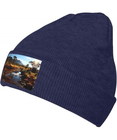 Black Knit Hat Cap Creek Stones Pattern Soft Good Elasticity Suitable for Outdoor Sports Navy Blue $9.46 Skullies & Beanies