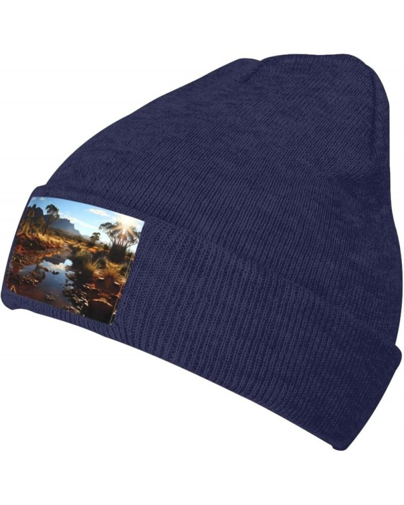 Black Knit Hat Cap Creek Stones Pattern Soft Good Elasticity Suitable for Outdoor Sports Navy Blue $9.46 Skullies & Beanies