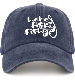 Here Fishy Fishy Fishy Baseball Cap Mens Cap Pigment Black Hat for Women Gifts for Boyfriends Baseball Cap Navy Blue $11.39 S...