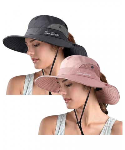 Women's Ponytail Safari Sun Hat,Wide Brim UV Protection Outdoor Bucket Hat,Foldable Beach Summer Fishing Hat 2-pure Pink+grey...