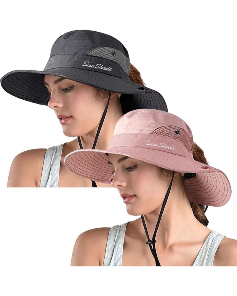 Women's Ponytail Safari Sun Hat,Wide Brim UV Protection Outdoor Bucket Hat,Foldable Beach Summer Fishing Hat 2-pure Pink+grey...