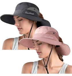 Women's Ponytail Safari Sun Hat,Wide Brim UV Protection Outdoor Bucket Hat,Foldable Beach Summer Fishing Hat 2-pure Pink+grey...