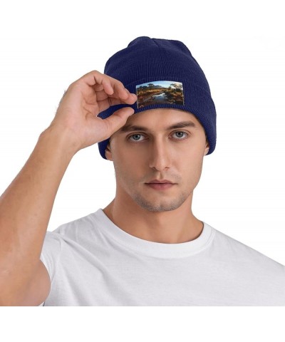 Black Knit Hat Cap Creek Stones Pattern Soft Good Elasticity Suitable for Outdoor Sports Navy Blue $9.46 Skullies & Beanies