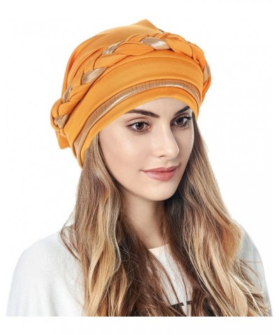 Women Braid Turban Cap Shiny Pretied Head Wraps Chemo Cancer Hair Wraps Hat Muslim Wrap Head Scarf Hats Yellow $7.28 Scarves