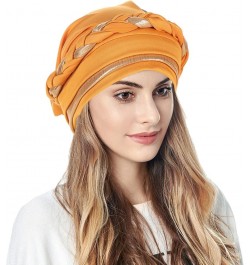 Women Braid Turban Cap Shiny Pretied Head Wraps Chemo Cancer Hair Wraps Hat Muslim Wrap Head Scarf Hats Yellow $7.28 Scarves