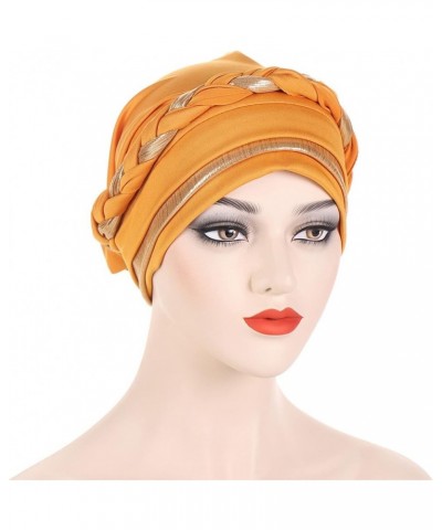 Women Braid Turban Cap Shiny Pretied Head Wraps Chemo Cancer Hair Wraps Hat Muslim Wrap Head Scarf Hats Yellow $7.28 Scarves