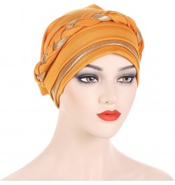 Women Braid Turban Cap Shiny Pretied Head Wraps Chemo Cancer Hair Wraps Hat Muslim Wrap Head Scarf Hats Yellow $7.28 Scarves