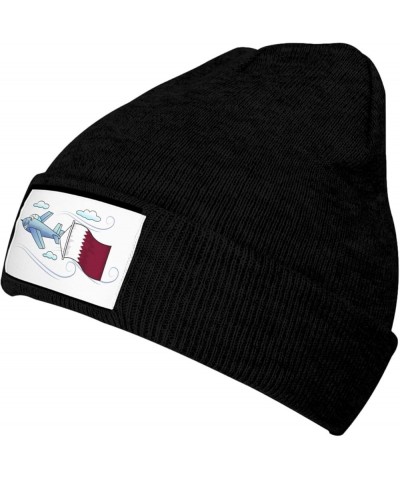 Airplane with Qatar Flag Knitted Hat Acrylic Cold Weather Hat Warm Brimless hat Elastic Force Caps Black $12.23 Skullies & Be...