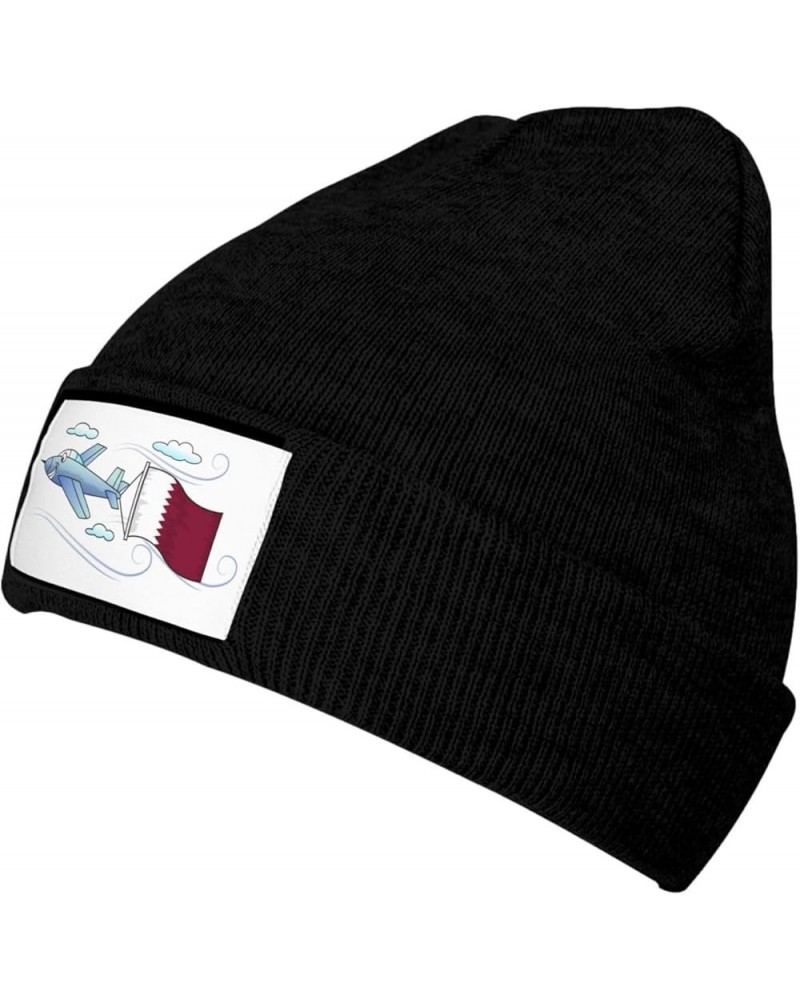 Airplane with Qatar Flag Knitted Hat Acrylic Cold Weather Hat Warm Brimless hat Elastic Force Caps Black $12.23 Skullies & Be...