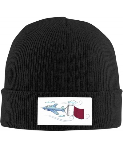 Airplane with Qatar Flag Knitted Hat Acrylic Cold Weather Hat Warm Brimless hat Elastic Force Caps Black $12.23 Skullies & Be...