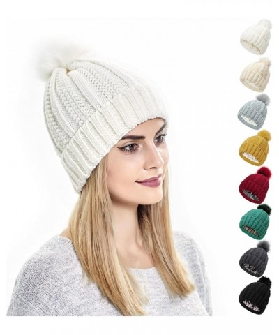 Women Winter Beanie Hat Knitted Cap with Pompom Satin Silk Lined Hat Warm Solid Color Hat for Women Girls White $7.97 Skullie...