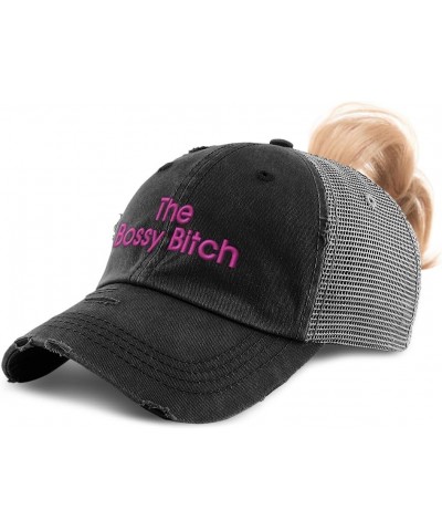 Womens Ponytail Cap The Bossy Bitch Cotton Distressed Trucker Hats Black Grey $15.11 Baseball Caps