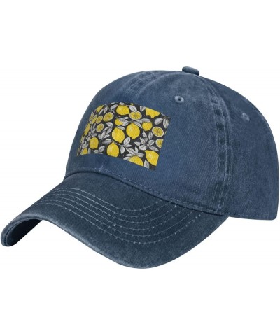 Lemon Fruit Pattern Print Washed Cowboy Baseball Cap for Adults Adjustable Caps Fashion Cap A Sun Hat Navy Blue $12.45 Baseba...