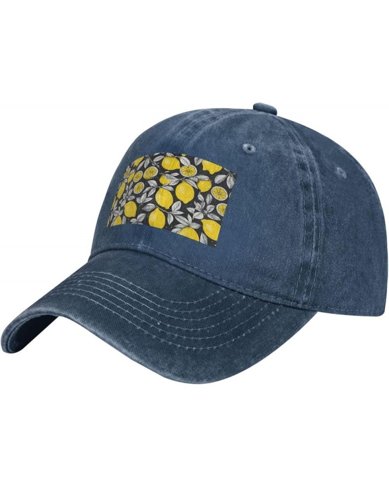 Lemon Fruit Pattern Print Washed Cowboy Baseball Cap for Adults Adjustable Caps Fashion Cap A Sun Hat Navy Blue $12.45 Baseba...