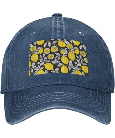 Lemon Fruit Pattern Print Washed Cowboy Baseball Cap for Adults Adjustable Caps Fashion Cap A Sun Hat Navy Blue $12.45 Baseba...