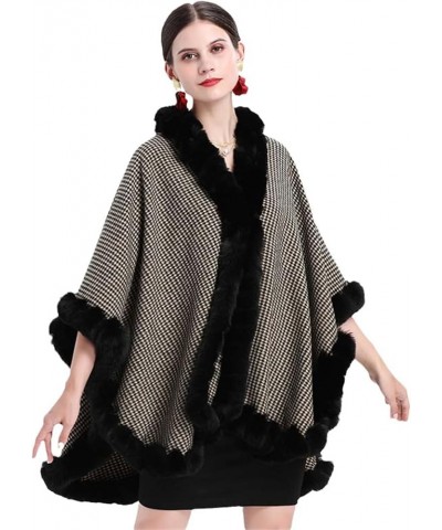 Classic Plaid Stripes Knit Cashmere Cape Coat Women Full Trim Faux Rabbit Fur Cloak Cardigan Shawls Winter Black Khaki $41.63...