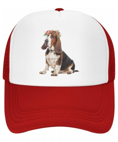 Basset Hound Dog Wear Flower Mesh Baseball Cap, Floral Adjustable Trucker Hat Snapback Solid Hat for Men Women Red $10.93 Bas...