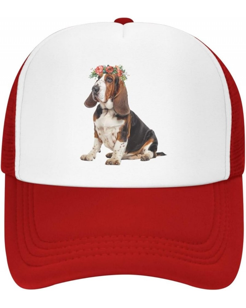 Basset Hound Dog Wear Flower Mesh Baseball Cap, Floral Adjustable Trucker Hat Snapback Solid Hat for Men Women Red $10.93 Bas...