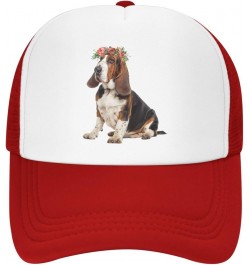 Basset Hound Dog Wear Flower Mesh Baseball Cap, Floral Adjustable Trucker Hat Snapback Solid Hat for Men Women Red $10.93 Bas...